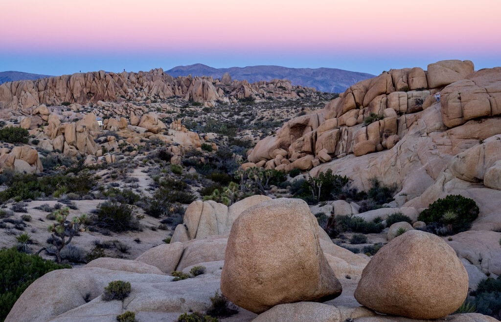 Jumbo Rocks after sunset n Joshua Tree National Park, California, USA, where the Mojave and Colorado desert ecosystems meet