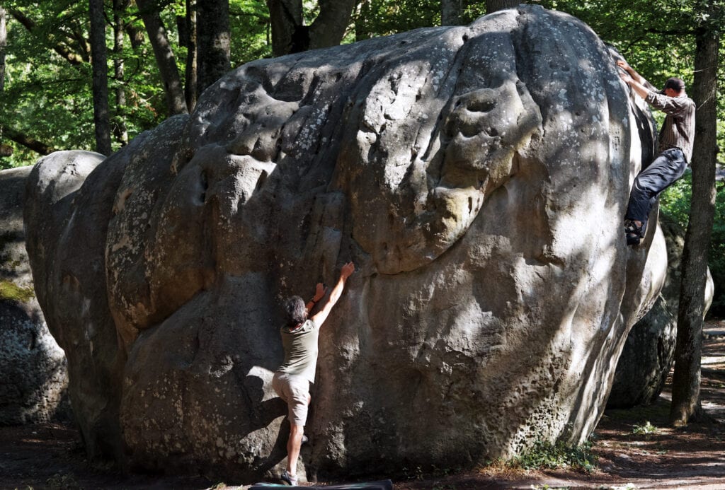 athletes climbing a rock boulder in the forest