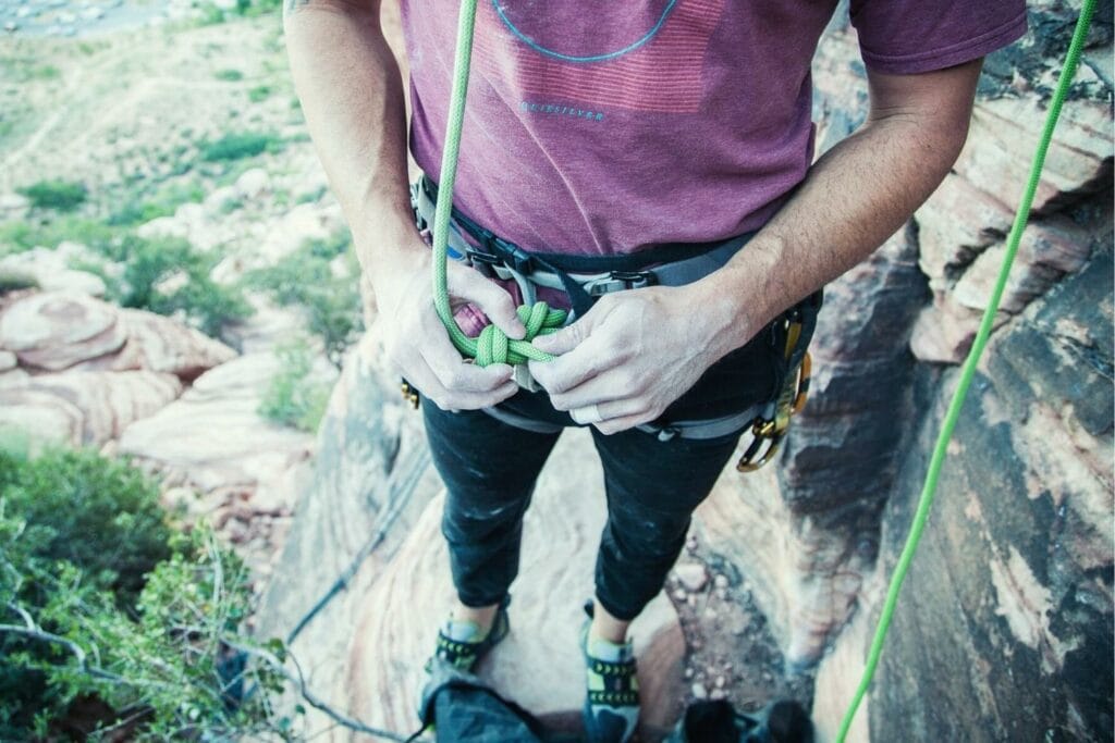 Climber's hands in chalk
