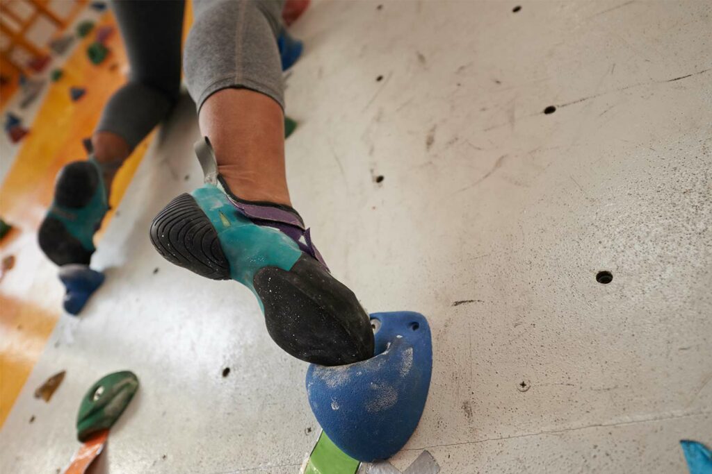 Climbing shoes in boulder climbing hall