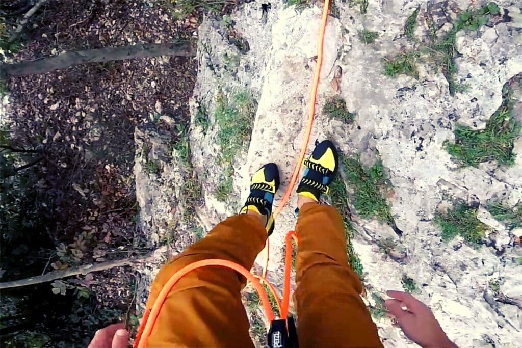 climber reviewing the Scarpa Vapor V on a sport route