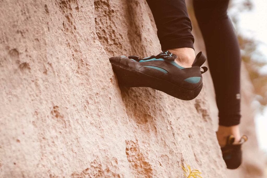 bottom view of rock climbing shoes
