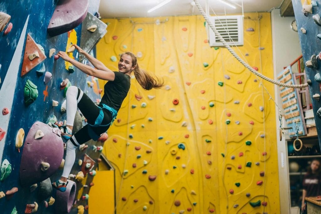 indoor climbing at a bouldering gym with a neutral shoe