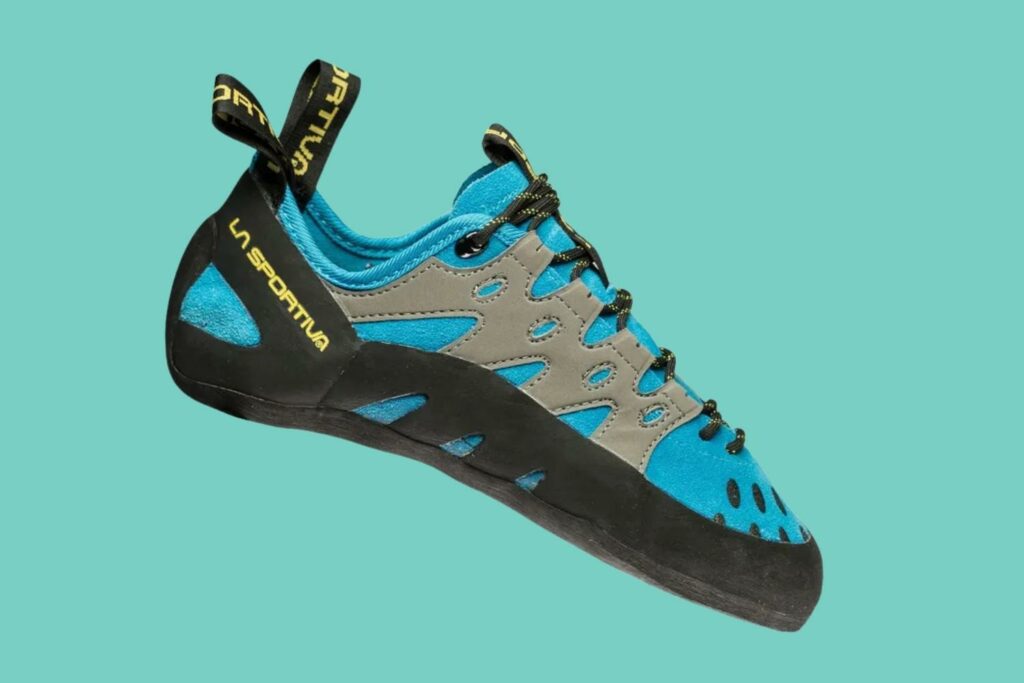 La Sportiva Tarantulace lace up shoes with upper material leather. It's also the cheapest climbing shoes.