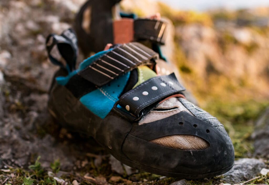 close up of velcro climbing shoes for beginners