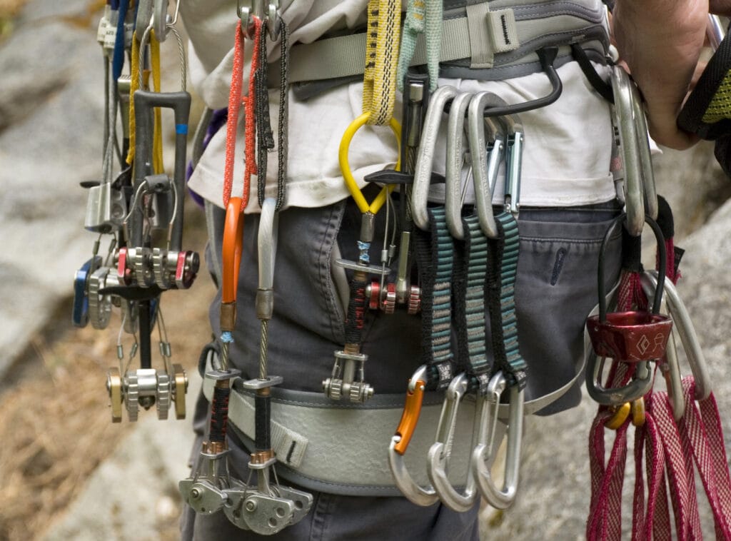 harness with Trad climbing gear for multi-pitch