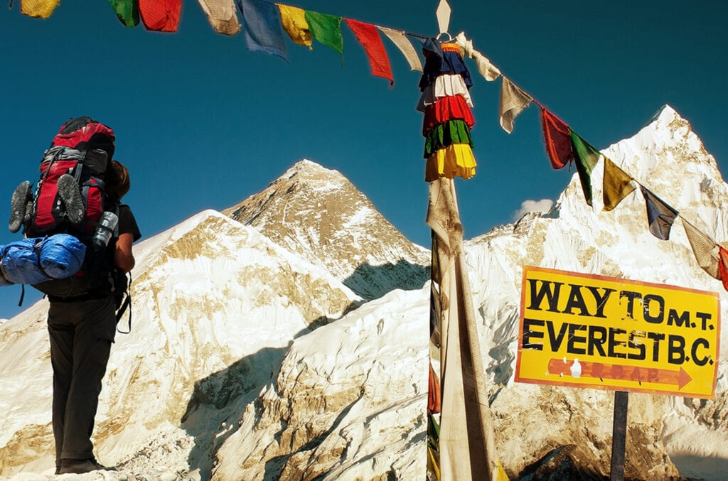 Footpath to Mount Everest Base Camp signpost in Himalayas, Nepal.