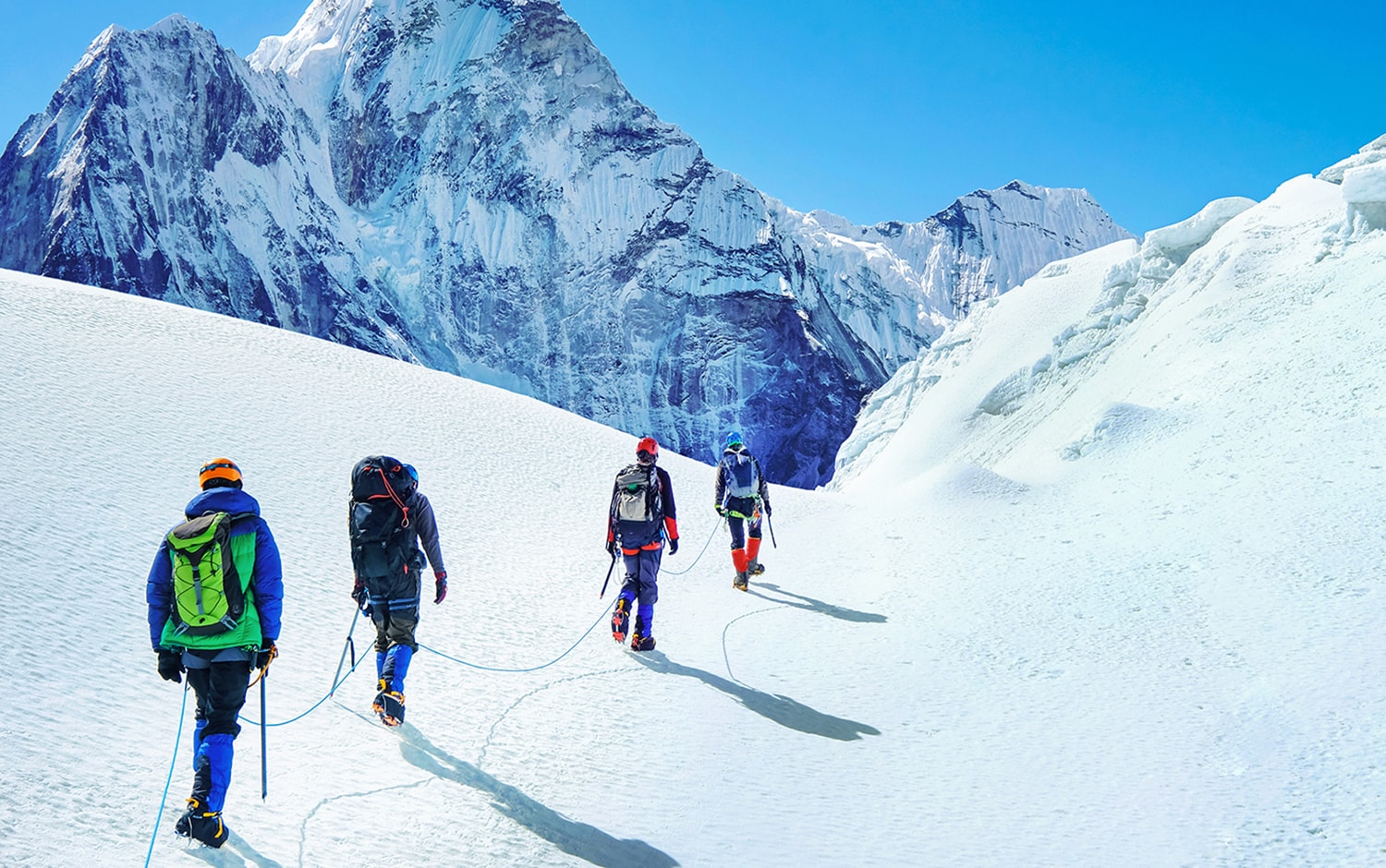 Group of climbers reaching the Everest summit in Nepal.