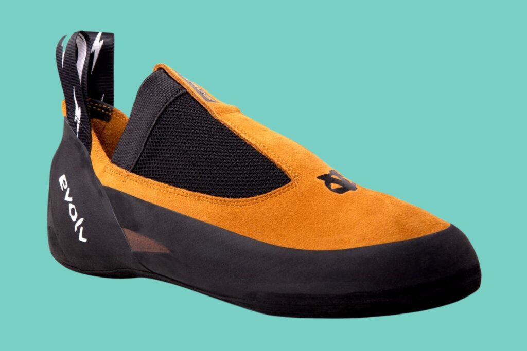 Evolv Rave climbing slipper with soft leather upper form