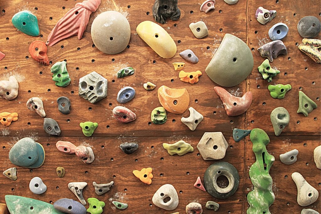Mix of climbing holds in a commercial pack