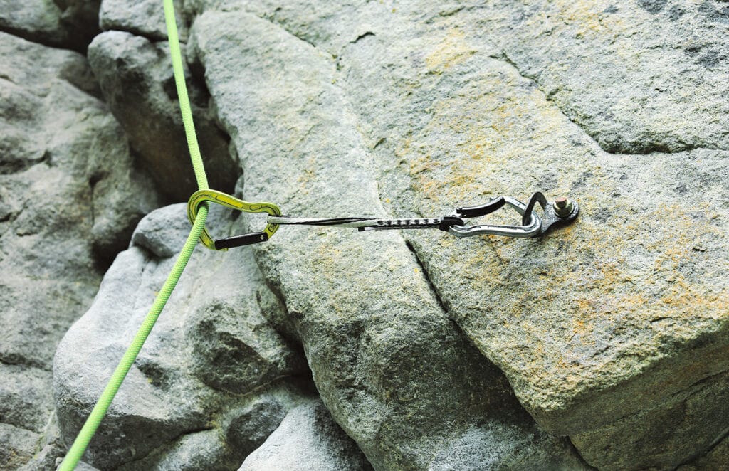 quickdraw for rock climbing in use