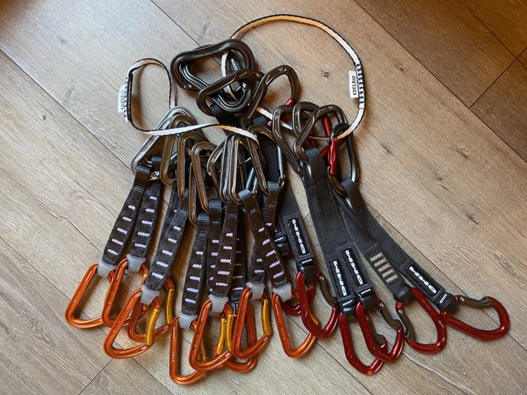 selection of the best quickdraws with slings and climbing carabiners (petzl, dmm)