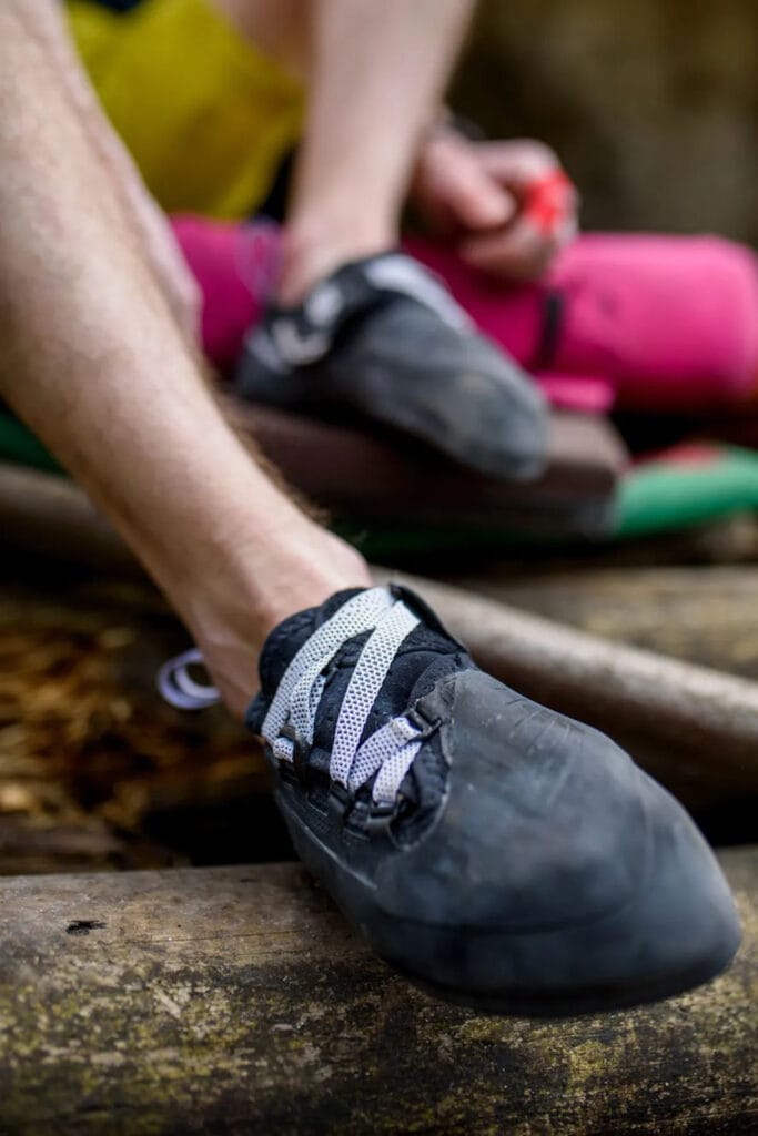 climber wearing Evolv Phantom with thicker front toe area for toe hook