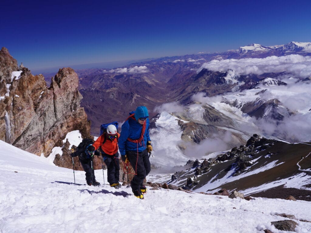Mountaineers with crampons ascending Aconcagua in Argentina