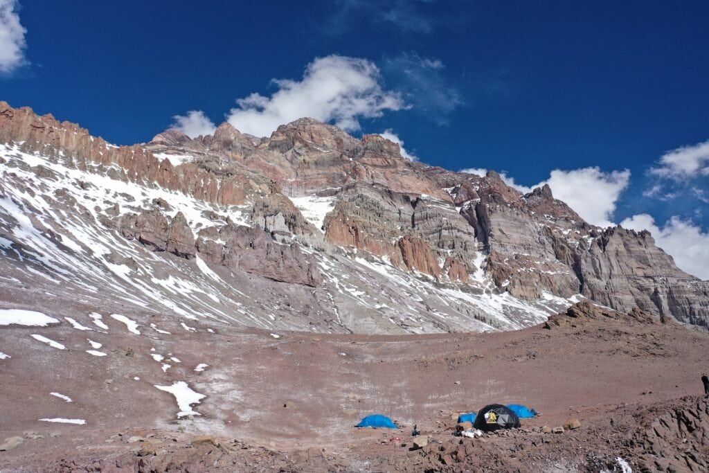 Climbers in their camp on the normal route to Aconcagua