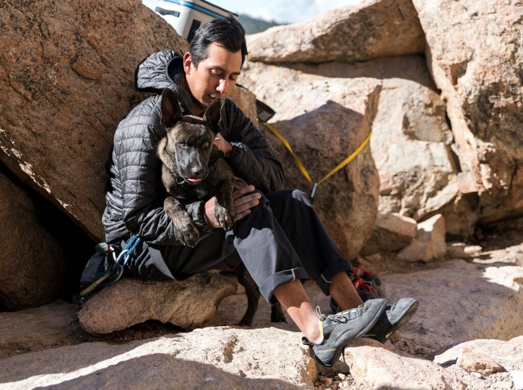 climbing with a puppy at the crag