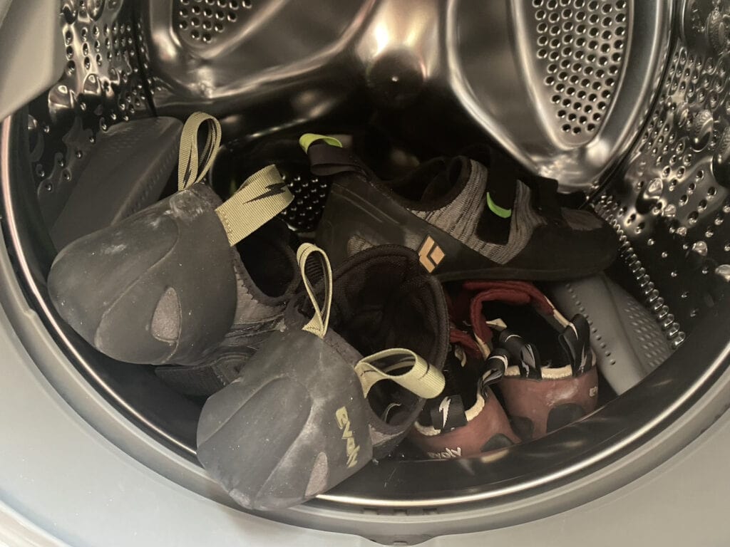 smelly climbing shoes in a washing machine