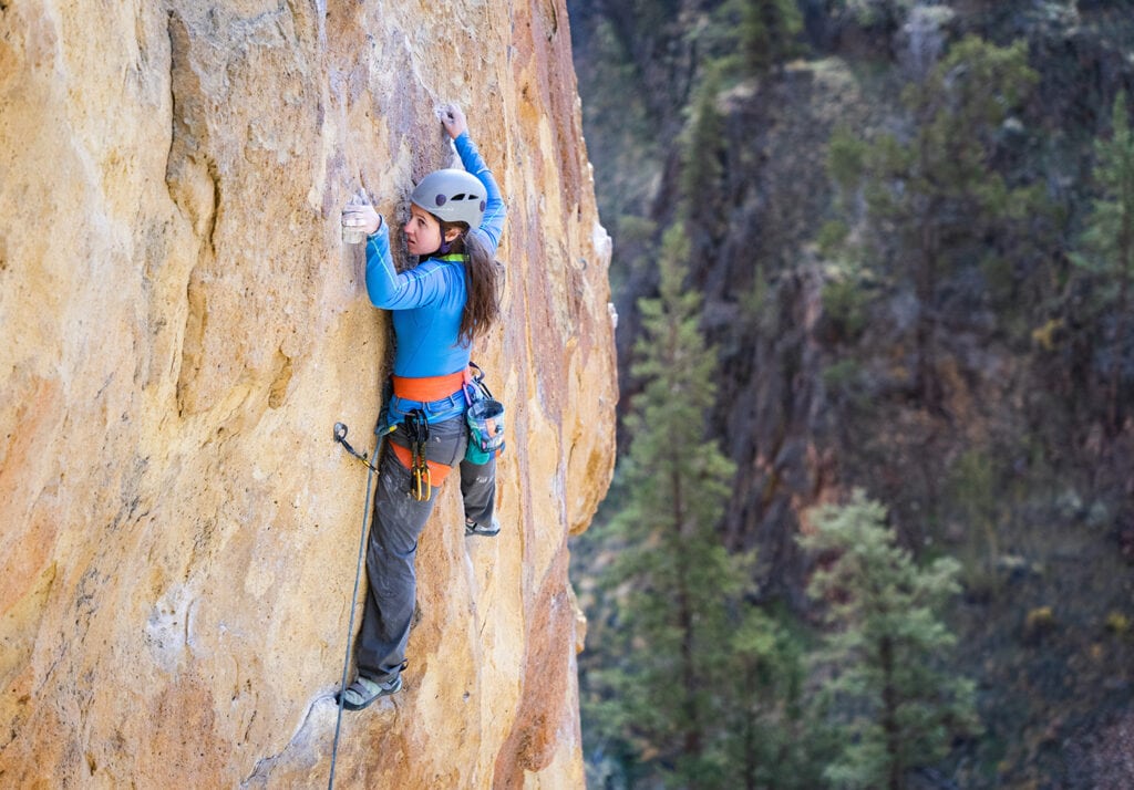 A climber sport climbing at Smith Rock State Park in Central Oregon