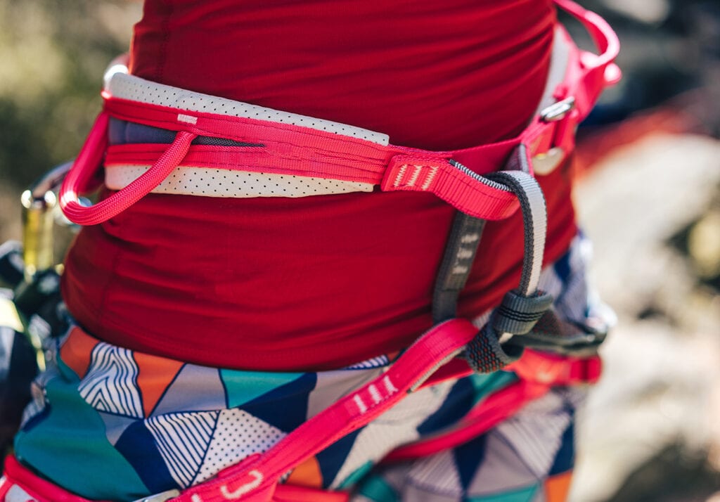 Close-up of a red climbing harness