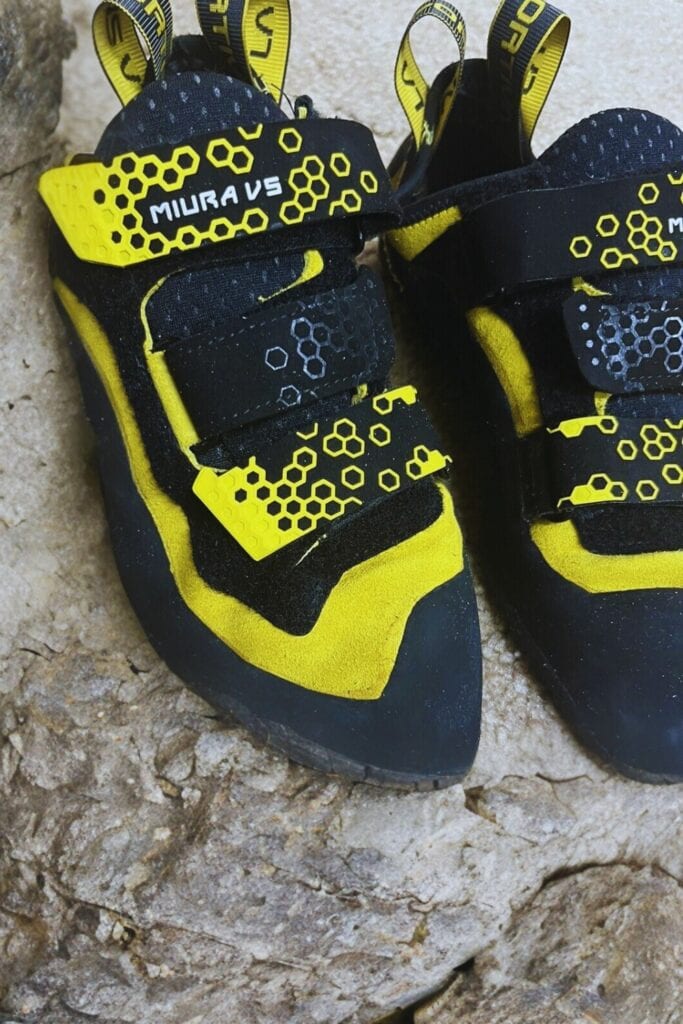close up of La Sportiva Miura VS climbing shoes for narrow feet