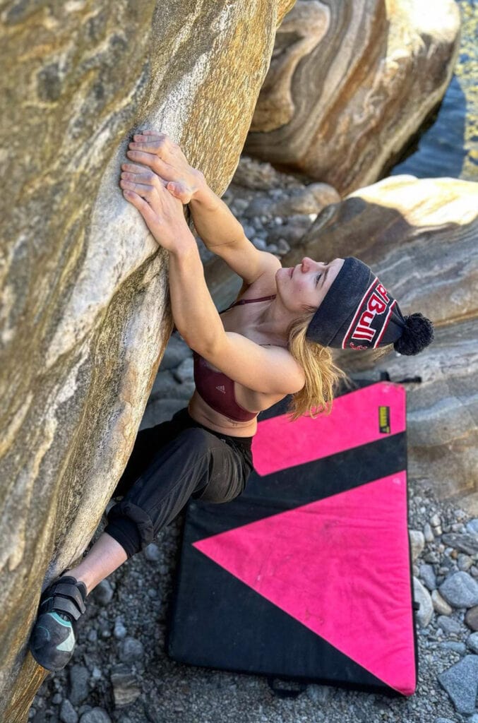 Shauna Coxsey using Adidas equipment on a first ascent