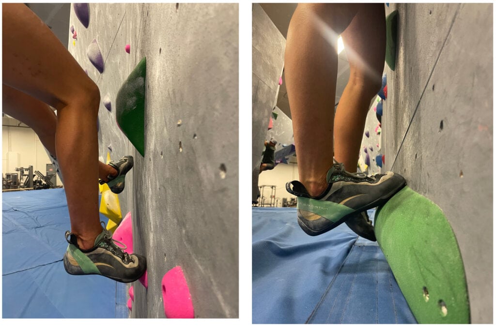 edging vs smearing with a view on the shoes on small footholds vs big rounded placement (smooth surface). High heel when smearing.