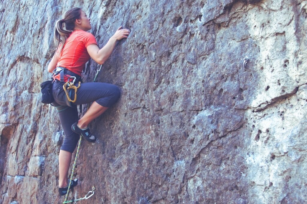 tenaya sport climbing shoes on a multi-pitch route
