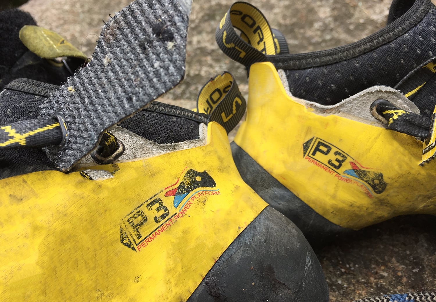 close up of la sportiva p3 rand on a climbing shoe