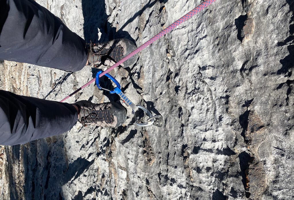 pair of Salewa Wildfires on an easy sport climbing route using its precision climbing zone