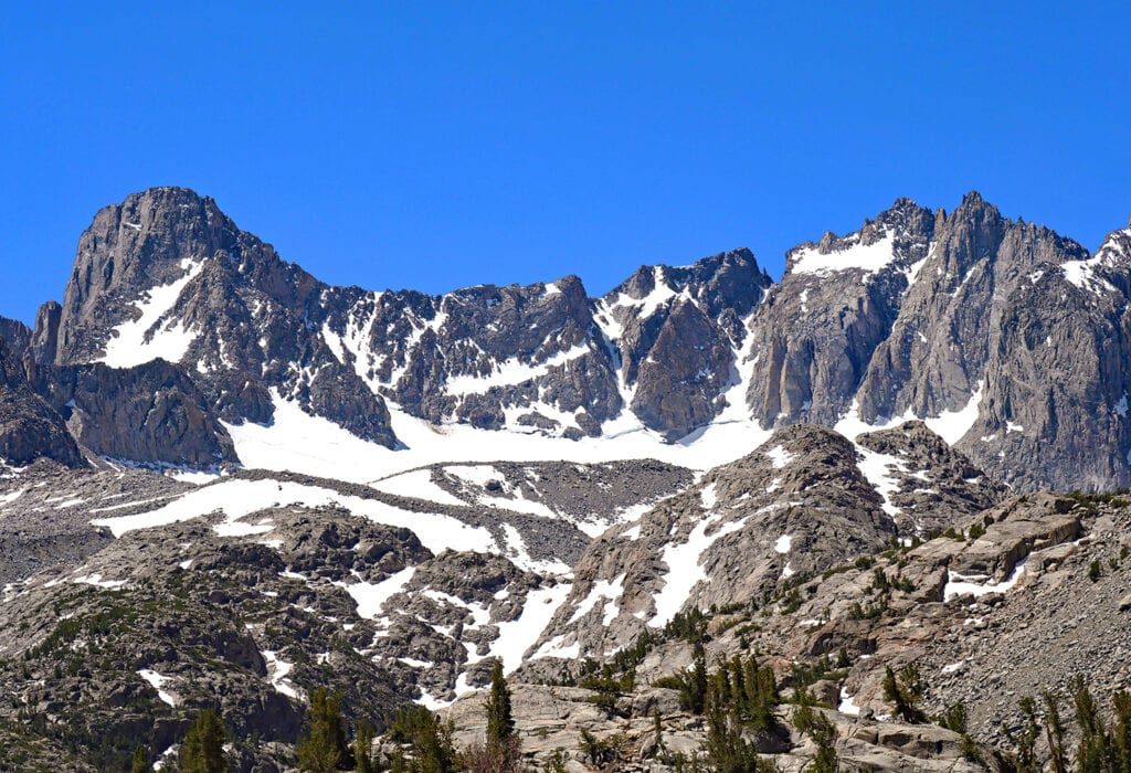 The Top Portion of Palisade Glacier below Mt. Sill (left), North Palisade Peak (with horizontal snow band) and Starlight Peak (right), Sierra Nevada Mountains, California